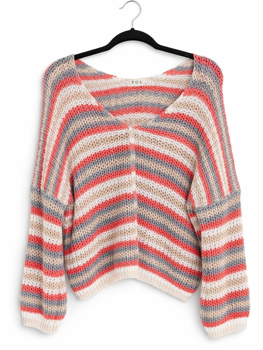POL Striped Open-Knit V-Neck Sweater in Pink, Gray & Cream Sz M Oversized